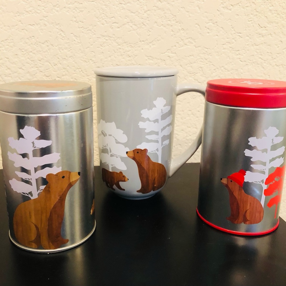 David’s Tea Set of 3 mug with lid and enpty cannisters for loose tea, brown bear